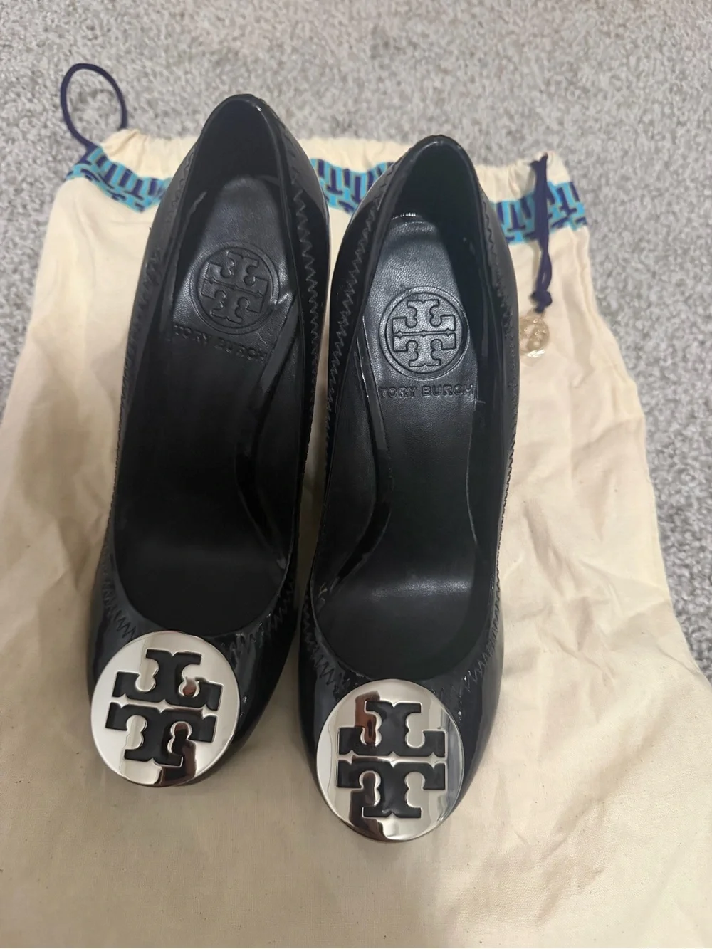 “New” Tory Burch Black Leather Heels with Silver Logo Medallions size5